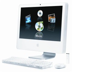 The iMac is an example of an "all-in-one" computer, because the hard drive is attached to its monitor, rather than in a separate tower.